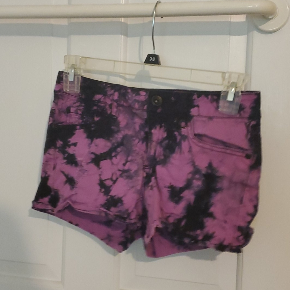 Black and purple acid wash jean shorts